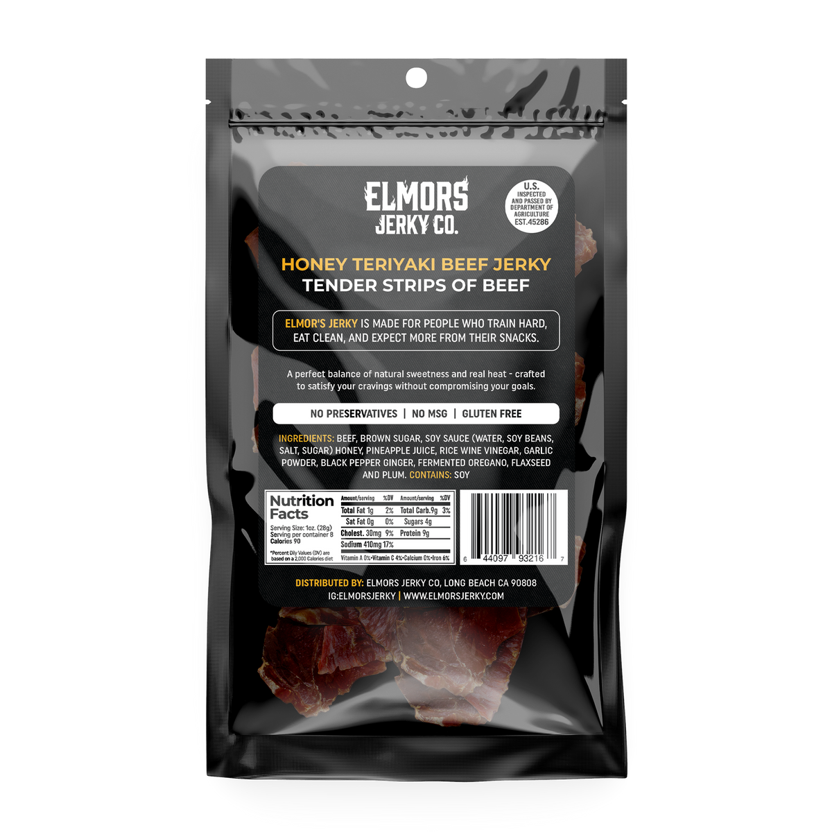 Elmors Jerky co Honey teriyaki 8oz HALF POUND